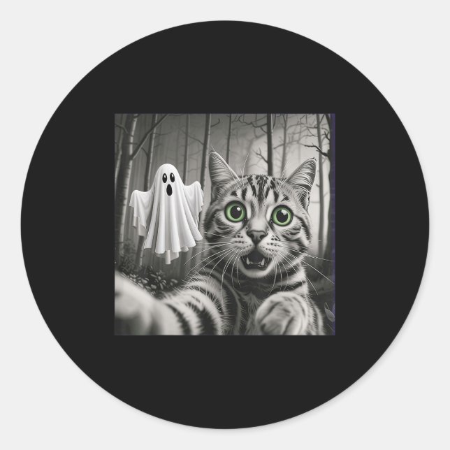 Halloween Cat Selfie With Soky Ghost  Classic Round Sticker (Front)
