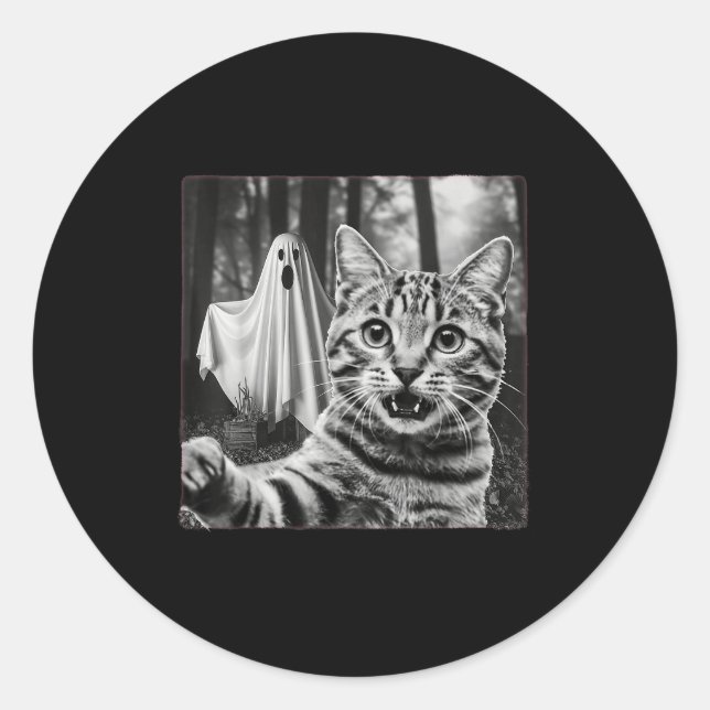 Halloween Cat Selfie With Soky Ghost  Classic Round Sticker (Front)