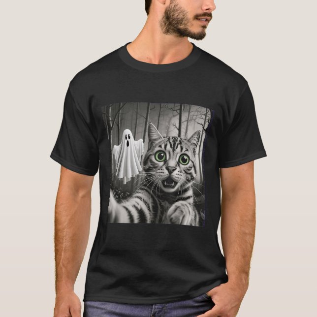 Halloween Cat Selfie With Soky Ghost  T-Shirt (Front)
