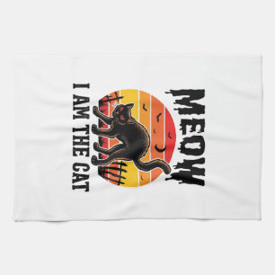 Halloween Cat Shirt Meow Vintage Black Cat Design_ Tea Towel