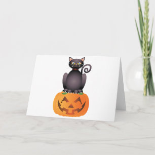 Halloween Cat Sitting on Pumpkin Illustration Card
