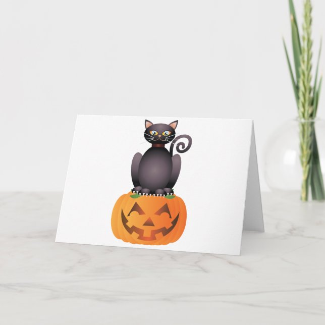 Halloween Cat Sitting on Pumpkin Illustration Card (Front)