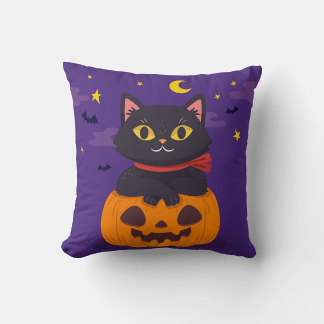 Halloween Cat Sitting on the Pumpkin Moon Star Bat Cushion (Front)