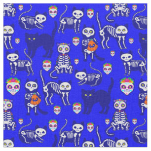 halloween cat skull skeleton blue fabric