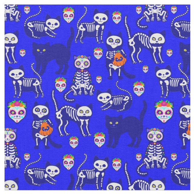 halloween cat skull skeleton blue fabric (Close Up)