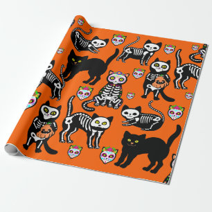halloween cat skull skeleton orange wrapping paper