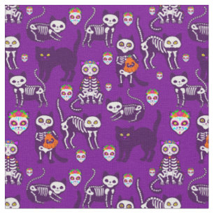 halloween cat skull skeleton purple fabric