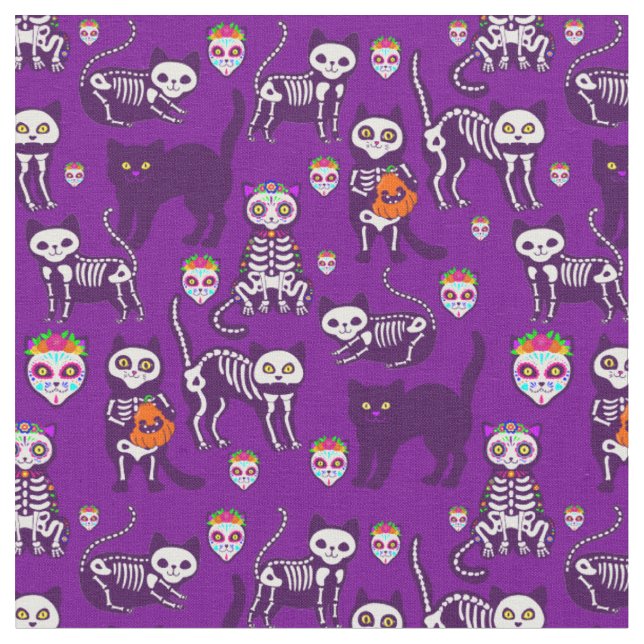 halloween cat skull skeleton purple fabric (Close Up)