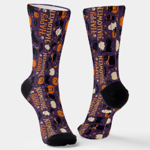Halloween Cat Socks, Spooky Black Cat Pumpkin Socks