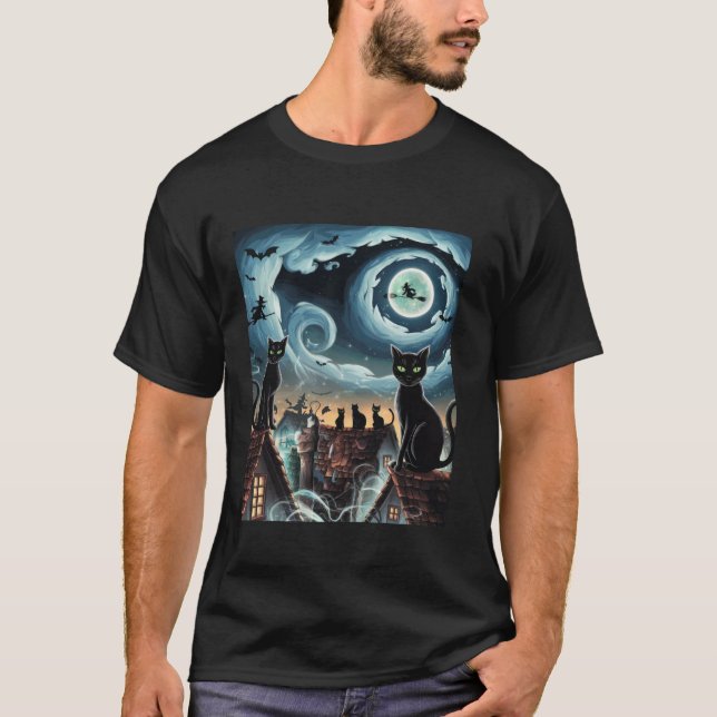 Halloween Cat Van Gogh Starry Night Pumpkin Gifts  T-Shirt (Front)