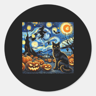 Halloween Cat Van Gogh Starry Night Witch Byts Pum Classic Round Sticker
