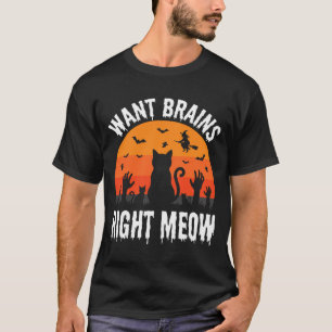 Halloween Cat Want Brains Right Meow Design T-Shirt