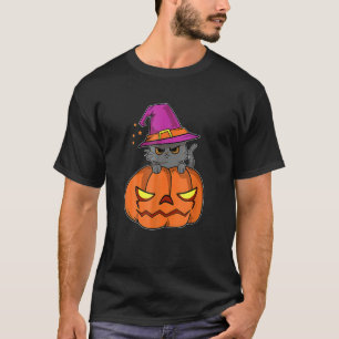 Halloween Cat Wearing A Witch Hat With Pumpkin For T-Shirt