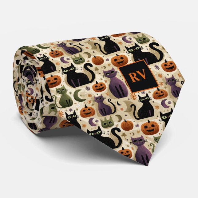 Halloween Cat Whiskers & Pumpkins Monogrammed Tie (Rolled)