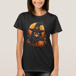 Halloween Cat Witch Costume Pumpkin Moon Funny Cat T-Shirt