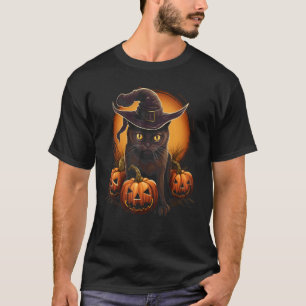 Halloween Cat Witch Hat Pumpkin Art for Cat Lovers T-Shirt