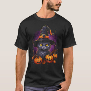 Halloween Cat Witch Hat Pumpkin Jack o Lantern Cos T-Shirt