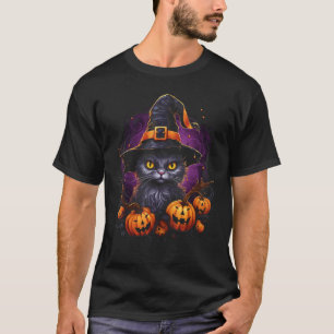 Halloween Cat Witch Hat Pumpkin Jack o Lantern Cos T-Shirt
