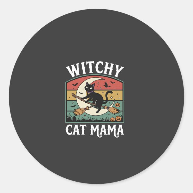 Halloween Cat Witch Mama Classic Round Sticker (Front)