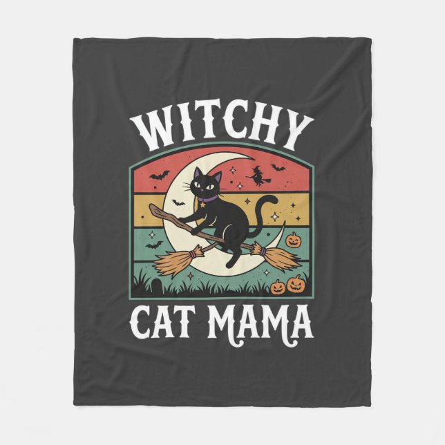 Halloween Cat Witch Mama Fleece Blanket (Front)