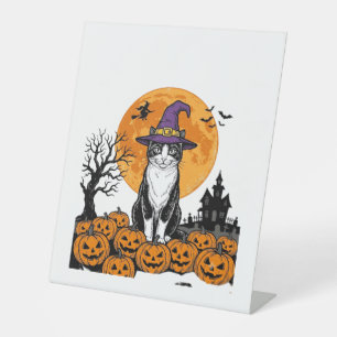 Halloween Cat Witch Pumpkin Vintage Spooky_1 Pedestal Sign