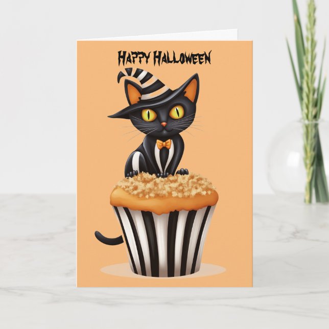 Halloween cat with a muffin  holiday card (Front)