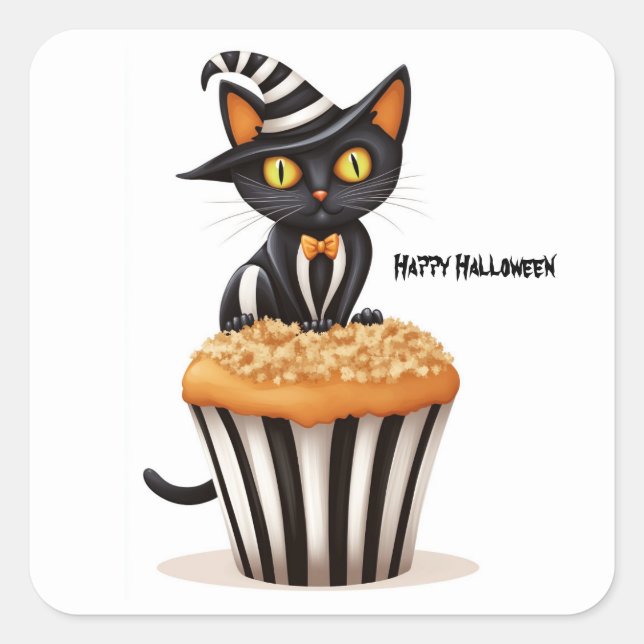 Halloween cat with a muffin  square sticker (Front)