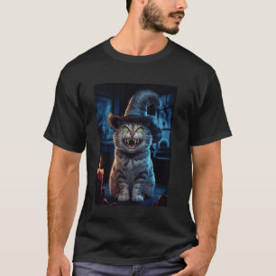 Halloween Cat With Fangs And Witch Hat In Spooky S T-Shirt