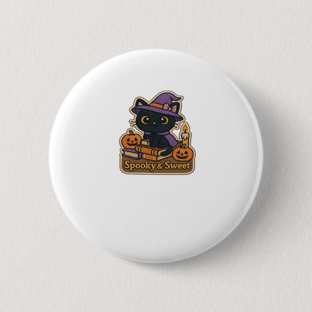 Halloween Cat with Magic Books � Spooky & Sweet Em 6 Cm Round Badge (Front)