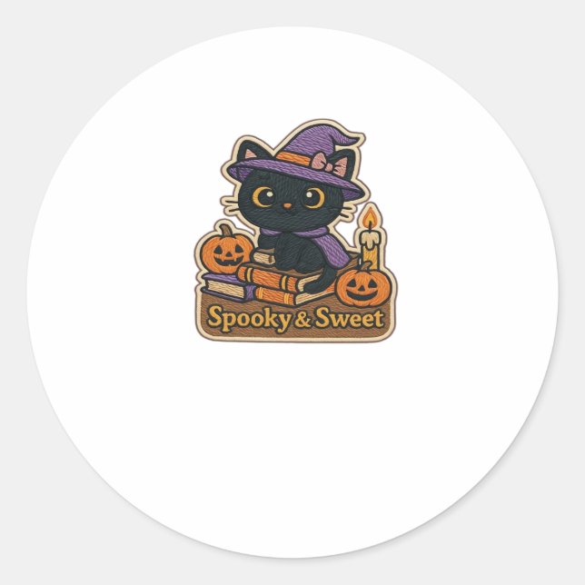 Halloween Cat with Magic Books � Spooky & Sweet Em Classic Round Sticker (Front)