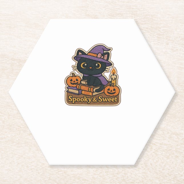 Halloween Cat with Magic Books � Spooky & Sweet Em Paper Coaster (Front)