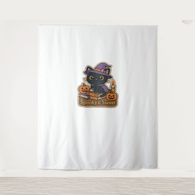 Halloween Cat with Magic Books – Spooky & Sweet Em Tapestry (Front)