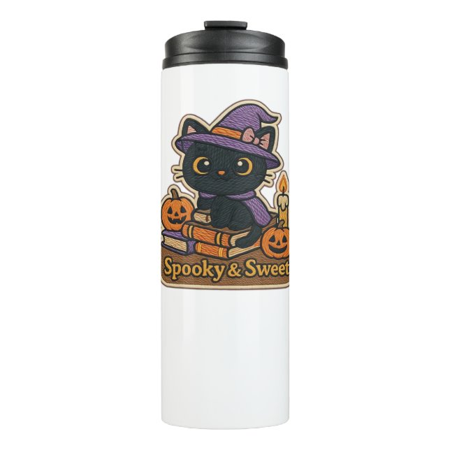 Halloween Cat with Magic Books – Spooky & Sweet Em Thermal Tumbler (Front)