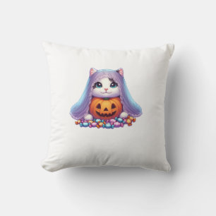 Halloween Cat with Pumpkin and Candy Long Sleeve T Cushion