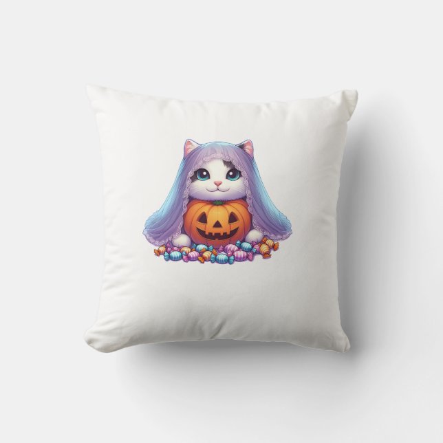 Halloween Cat with Pumpkin and Candy Long Sleeve T Cushion (Front)