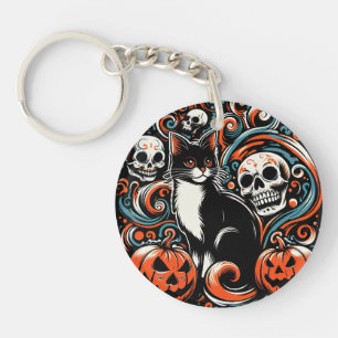 Halloween Cat with Pumpkins Key Ring