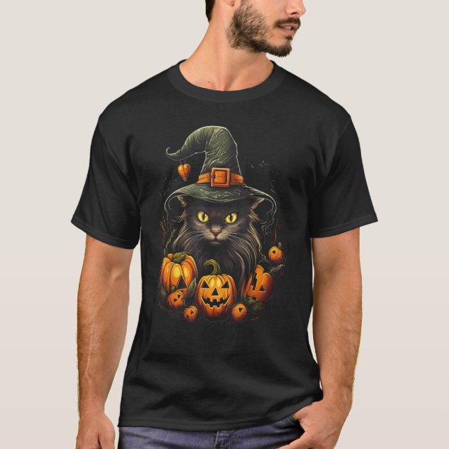 Halloween Cat With Witch Hat Pumpkins T-Shirt (Front)