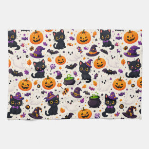 Halloween Cats And Ghosts Repeat Pattern Scene 🎃 Tea Towel