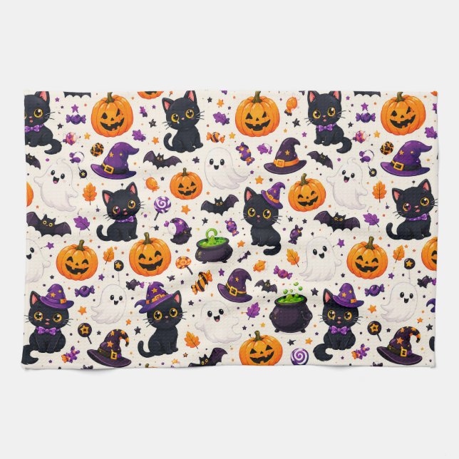 Halloween Cats And Ghosts Repeat Pattern Scene 🎃 Tea Towel (Horizontal)