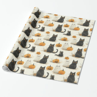 Halloween Cats and Pumpkins Pattern Wrapping Paper