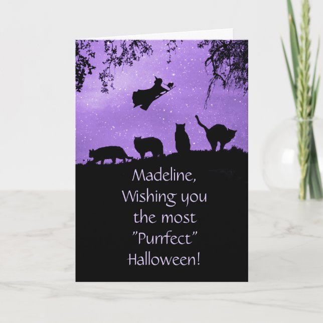 Halloween Cats and Witch Fun Custom Name Card (Front)