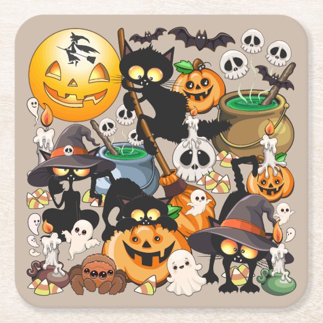 Halloween Cats Funny Party Square Paper Coaster (Front)