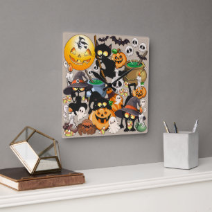 Halloween Cats Funny Party Square Wall Clock
