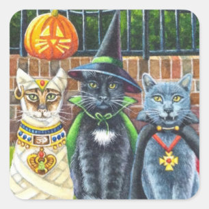 Halloween Cats in Costume Watercolor Art Square St Sticker