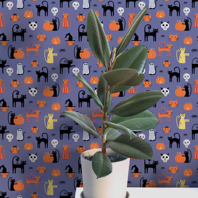 Halloween Cats Pattern Wallpaper (Fun Halloween black and orange cats, pumpkins, witches, zombies and skulls peel and stick wallpaper)