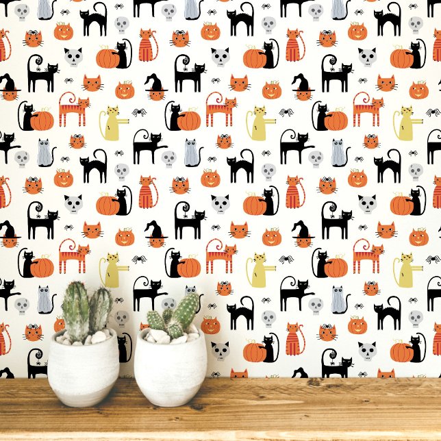 Halloween Cats Pattern Wallpaper (Fun Halloween black and orange cats, pumpkins, witches, zombies and skulls peel and stick wallpaper)