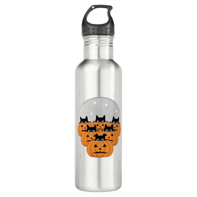 Halloween  Cats  Pumpkins  Black Background  Illus 710 Ml Water Bottle (Front)