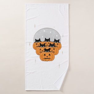 Halloween Cats Pumpkins Black Background Illus Bath Towel