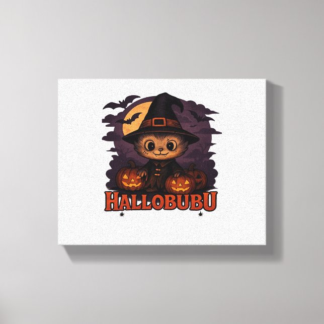 Halloween  Cats  Pumpkins  Black Background  Illus Canvas Print (Front)