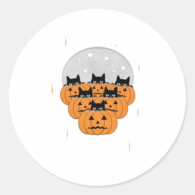 Halloween  Cats  Pumpkins  Black Background  Illus Classic Round Sticker (Front)